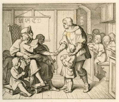 Martin Luthers indskrivning på skolen i Mansfield, i denne illustration sammen med sin far Hans af Gustav Ferdinand Leopold Konig