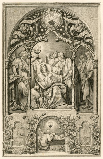 Martin Luthers død, Luthers to sønner knæler foran sin far, Dr. Justus Jonas siger de sidste ord, bag dem beder Michael Coelius, Johannes Aurifaber med en kandelaber, lægen Simon Wild med medicin og til højre grev Albr. af Gustav Ferdinand Leopold Konig