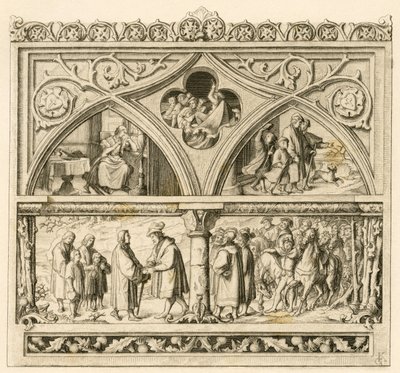 Martti Lutherin matka kreivi Mansfeldille (Mansfeld-Vorderortin Hoyer VI (1477-1540) ; kuva ylhäällä vasemmalla : surullinen Katharina , keskellä : raivoisa Saale-joki , oikealla : Luther yhdessä poikiensa kanssa Kuva alas : Luther ja kreivi af Gustav Ferdinand Leopold Konig