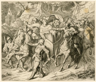 Bortførelsen af Martin Luther på hans hjemrejse - 1521 - af Hauptmann von Berlepsch og Burkhard Hund, fordi der var tyren til bandlysning af paven og kejserens fredløshed af Gustav Ferdinand Leopold Konig