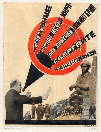 collage, som Gustav Klutsis lavede i 1924, til en bog til lovprisning af Lenin - sovjetisk politisk agitationskunst: Undertrykte folk i hele verden af ​​Klutsis, Gustav (1895-1938) af Gustav Klutsis