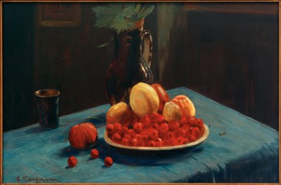Frugtstilleben på en blå dug af Gustav Kampmann