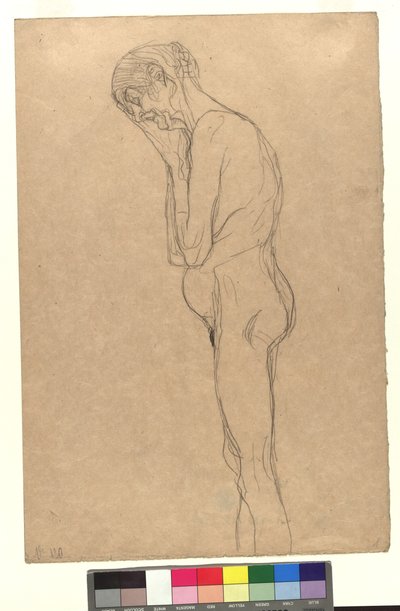 Aktdarstellung einer alten Frau im Profil nach links, den Kopf an die gefalteten Hände gelegt af Gustav Klimt