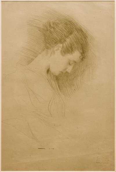 Halvfigursportræt af en pige med bøjet hoved til højre af Gustav Klimt