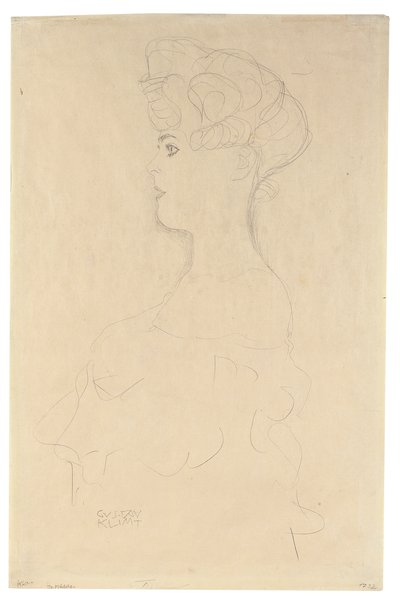 Busteprofilportræt fra venstre, ca. 1904-05 (blyant med hvidt og rødt farvekridt på simili-japansk papir) af Gustav Klimt