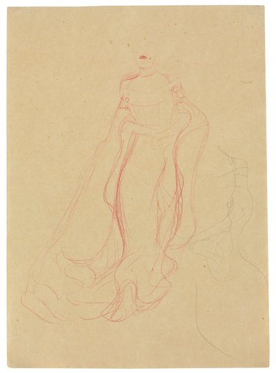 Kostumestudie med knyttede hænder, gentagelse af højre side, ca. 1903-04 (farvet vokskridt  blyant på blødt papir) af Gustav Klimt