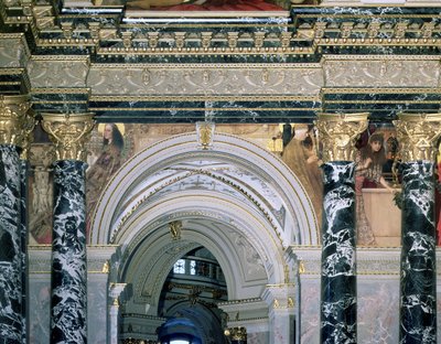 Interiør af Kunsthistorisches Museum, Wien, med buegang og spandrel-dekoration, der viser figurer, der repræsenterer det 14. århundredes Rom og Venedig, 189091 (vægmaleri) af Gustav Klimt