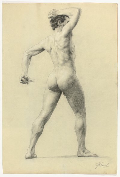 Mandlig nøgen fra ryggen, ca. 1880 (blyant forstærket med hvidt kridt på papir) af Gustav Klimt