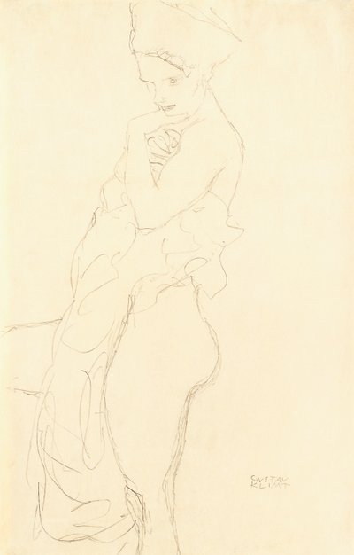 Nøgen Stående til venstre, med et håndklæde mod kroppen, 1917 af Gustav Klimt