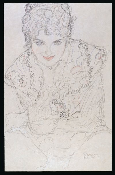 Portræt med højre hånd på hagen, ca. 1917-18 af Gustav Klimt