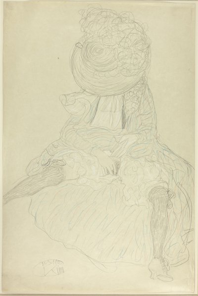 Siddende kvinde forfra med hat, ansigtshætte af Gustav Klimt