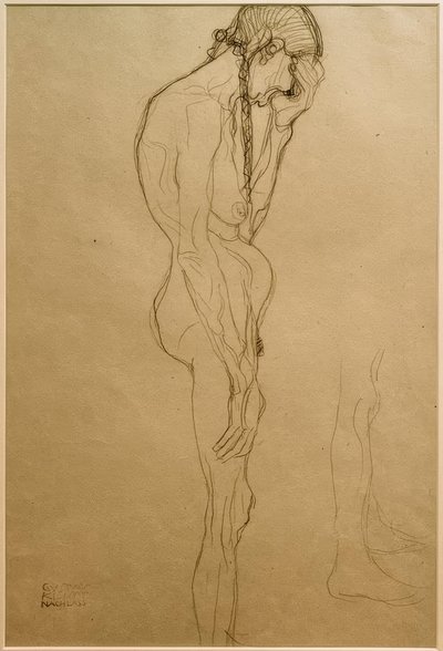 Stående gammel kvinde i profil til højre, benstudium af Gustav Klimt