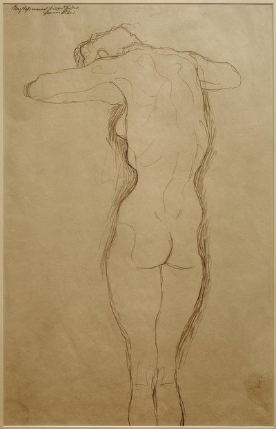 Stående nøgen fra ryggen, arme bøjet vandret (undersøgelse) af Gustav Klimt
