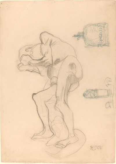 Studie af en nøgen gammel kvinde, der knytter sine næver, og to dekorative genstande af Gustav Klimt