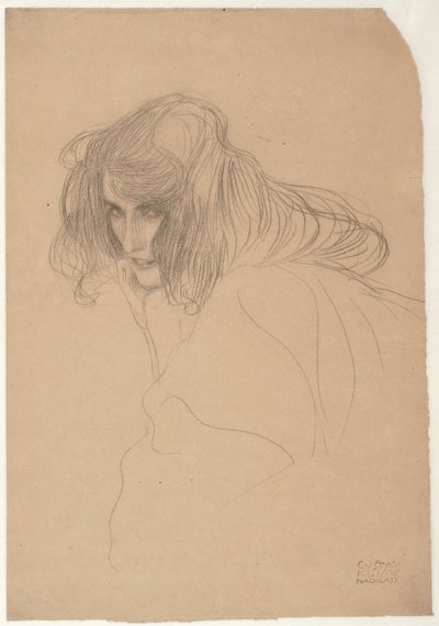 Studie af en kvindes hoved i trekvart profil Study for Unchastity in the Beethoven Frieze, ca. 1901-1902 af Gustav Klimt