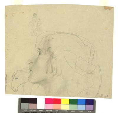Weiblicher Kopf im Profil nach links, Pferdekopf im Profil, Figurenstudie af Gustav Klimt