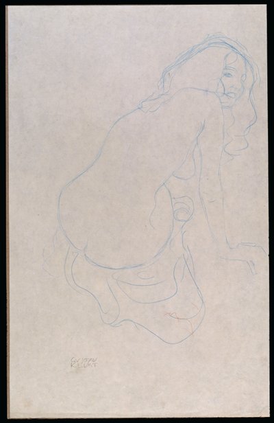 Kvinde læner sig til højre med langt hår, ca. 1910-11 af Gustav Klimt