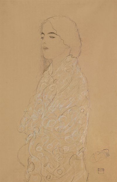 Kvinde med et hvidt sjal (blyant med hvidt og rødt kridt på papir) af Gustav Klimt