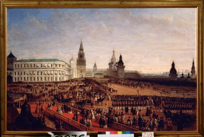 Militærparade under kroningen af ​​kejser Alexander II (1818-1881) i Kreml i Moskva, 18. februar 1855. Maleri af Gustav Schwarz (ca. 1800-efter 1855), olie på lærred af Gustav Schwarz