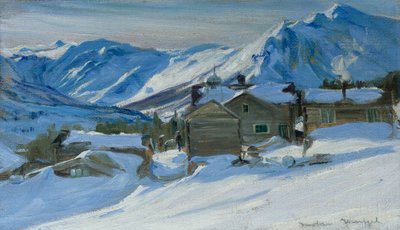 Bjerggård i snelandskab af Gustav Wentzel