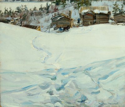 Bjerggård i vinterlandskab af Gustav Wentzel