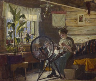 Kvinde i stuehusinteriør (oi på lærred) af Gustav Wentzel