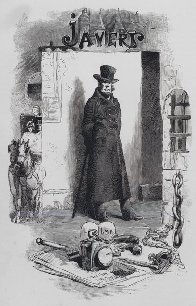 Scene fra Les Miserables, af Victor Hugo: Javert, detektiven (gravering) af Gustave (after) Brion