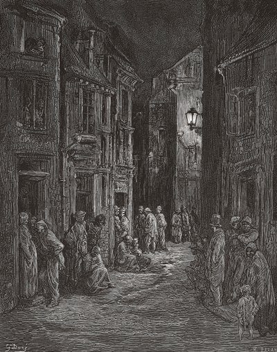 Bluegate Fields slumkvarterer, London i det 19. århundrede. (Print) af Gustave (after) Dore