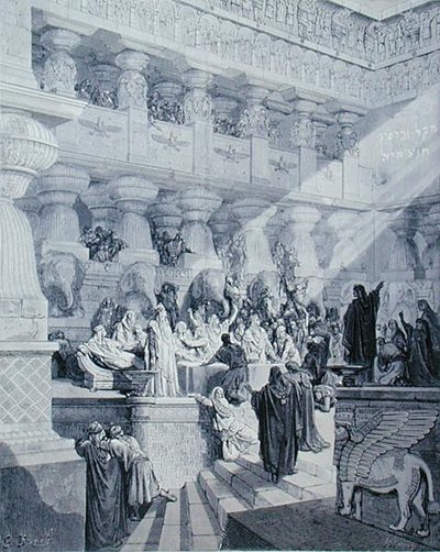 Daniel fortolker skriften på væggen, graveret af A. Ligny, ca. 1868 (gravering) af Gustave (after) Dore
