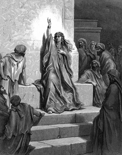Debora, hebraisk profetinde, der udfriede sit folk fra Jabin, Kanaans konge, og hans general Sisera, og sang sin triumfsang. Dommerne 5:1. 13. århundrede f.Kr. Fra Gustave Dores illustrerede bibel 1866. Træstik. af Gustave (after) Dore
