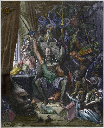 Don Quixote i sit arbejdsværelse omgivet af sine dagdrømmes fantomer - Don Quixote de la Mancha 