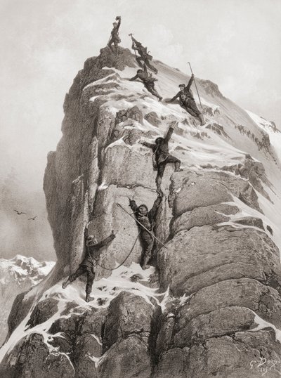 Første bestigning af Matterhorn (gravering) af Gustave (after) Dore
