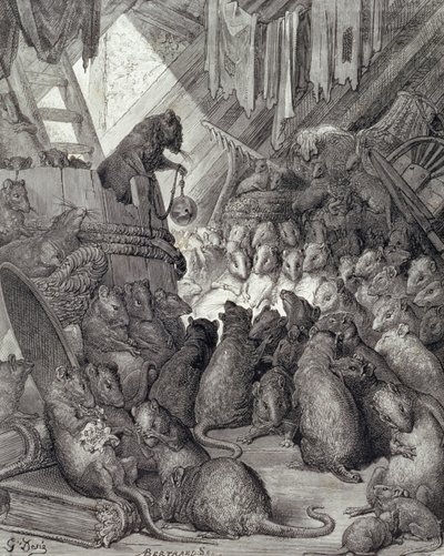 Rådet holdt af rotterne, fra fabler af La Fontaine, indgraveret af Antoine Valerie Bertrand (f.1823) c.1868 (gravering) af Gustave (after) Dore