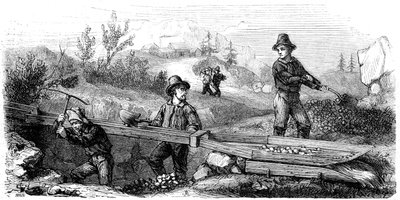 Franske minearbejdere, der arbejder på en lang tomsluse, Californien, 1800-tallet. af Gustave Adolphe Chassevent Bacques