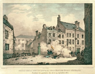 Kamp i Rue de Louvain, Bruxelles, bag Etats Generaux, 23.-24. september 1830, indgraveret af Jean Baptiste Madou (1796-1877) af Gustave Adolphe after Simoneau