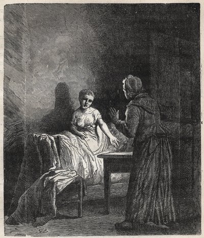 Marguerite træder ind på Fantines værelse og Fantine viser ham to Napoleoner (mønt), der kan redde Cosette, hans datter - Illustration af Gustave Brion (1824-1877) til "The Miserables - First part: Fantine" af Victor Hugo (1802-1885) 1862 af Gustave Brion