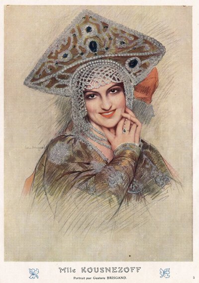 Portræt af Maria Nikolaievna Kuznetsova (Maria Kuznetsova) (1880-1966), berømt russisk imperium fra det 20. århundrede og sovjetisk operasanger og danser i "Fantasio" i begyndelsen af det 20. århundrede (tegning) af Gustave Brisgand