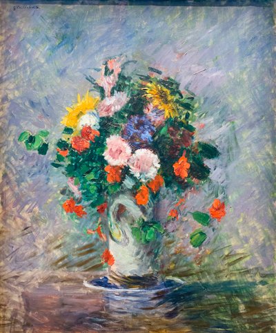 Buket af kinesiske asters, nasturtiums og solsikker i en vase, ca. 1887 (olie på lærred) af Gustave Caillebotte