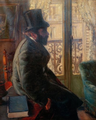 Mand i høj hat sidder ved vinduet af Gustave Caillebotte