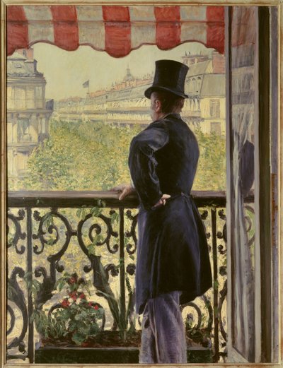 Manden på balkonen En elegant mand i høj hat hviler på rækværket af en balkon på de store parisiske boulevarder. Maleri af Gustave Caillebotte (1848-1894) 1880 søn. 0,86 x 1,14 m. Privat samling - Manden på balkonen. En smart mand i høj hat le af Gustave Caillebotte