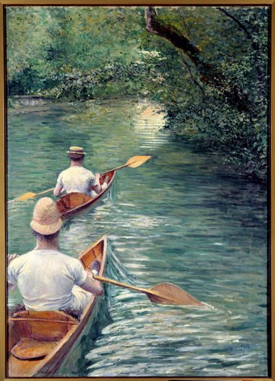 Perissoirerne. Par går i vandet i perissoires, en slags kajak (kanoerne). (Element af et dekorativt sæt: triptykon designet med La Peche a la Ligne og Les Baigneurs). Maleri af Gustave Caillebotte (1848-1894) af Gustave Caillebotte