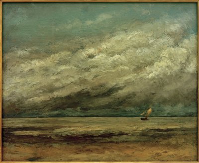 Sejlbåd nær kysten, stormfuld himmel af Gustave Courbet