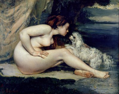 Nøgen kvinde med en hund (Portræt af Leotine Renaude) 1861-62 (olie på lærred) af Gustave Courbet