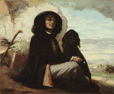 Fransk:  Autoportrait dit Courbet au chien noir Selvportræt med en sort hund af Gustave Courbet