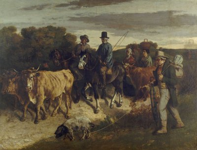 Fransk:  Les Paysans de Flagey revenant de la foire Bønder fra Flagey tilbage fra messen af Gustave Courbet
