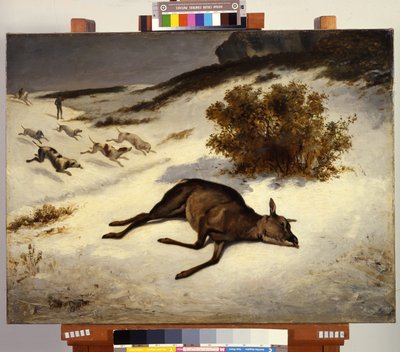 Hind tvunget ned i sneen af Gustave Courbet