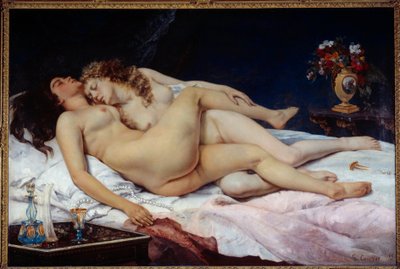 Søvn. To nøgne kvinder krammede i en seng af Gustave Courbet