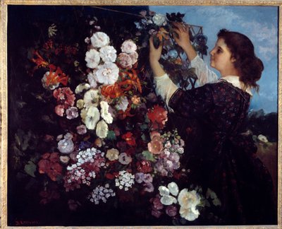 Kvinden med blomster eller gitteret. Maleri af Gustave Courbet (1819-1877) af Gustave Courbet