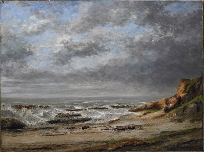 Udsigt over et hårdt hav nær en klippe af Gustave Courbet