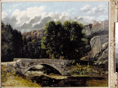 Udsigt over broen af Saint Sulpice i Fleurier, Schweiz (olie på lærred af Gustave Courbet